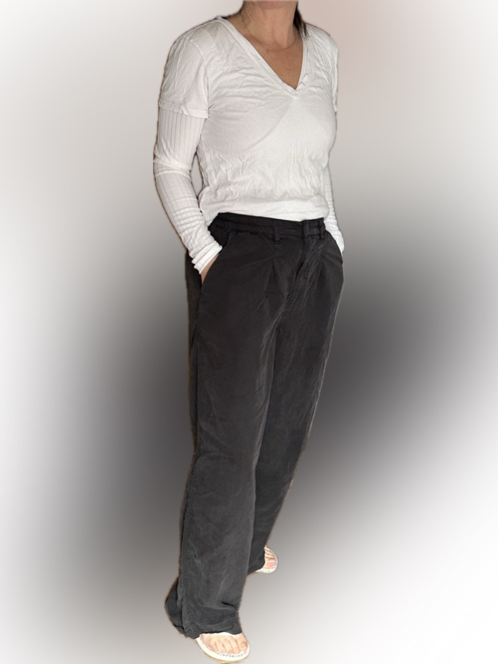 aerie Black Elastic Waist Pants with Button Detail